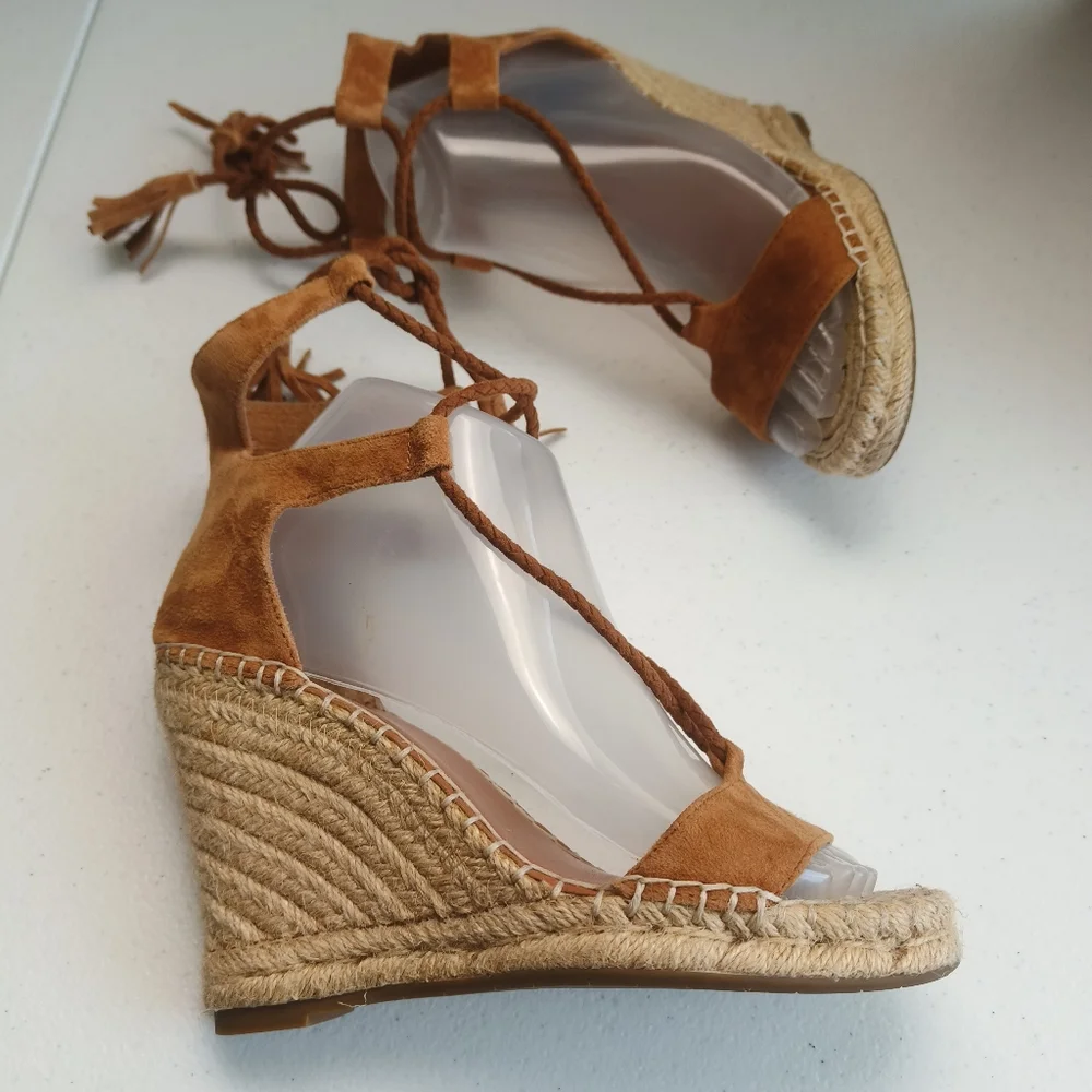 Joie light brown Phyllis suede leather wedge espadrille tie up sandals size 36 w